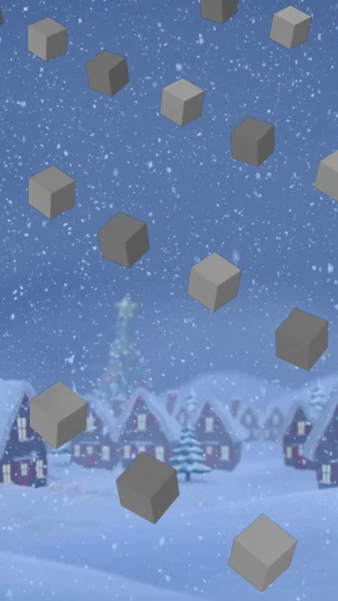 Animation of rows of cubes pattern and christmas snow falling over winter Video stock 319068683