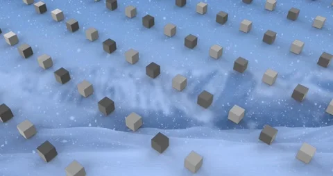 Animation of rows of cubes pattern and christmas snow falling over winter Stock Footage 327897990