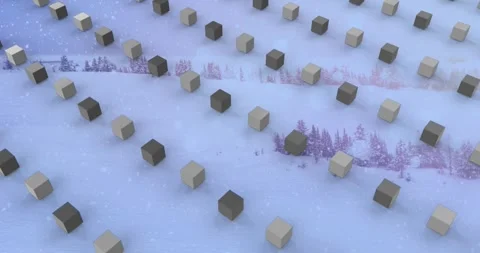 Animation of rows of cubes pattern and christmas snow falling over winter Stock Footage 328096850