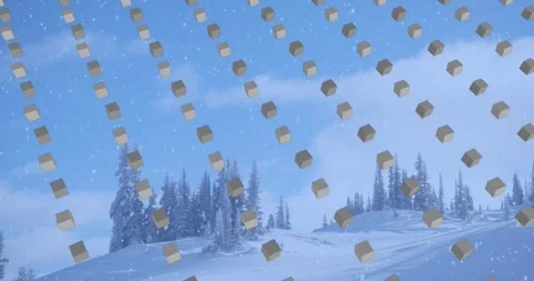 Animation of rows of cubes pattern and christmas snow falling over winter Stock Footage 328311554
