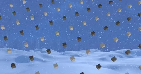 Animation of rows of cubes pattern and christmas snow falling over winter Stock Footage 329362276