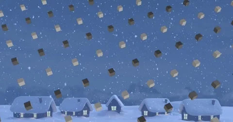 Animation of rows of cubes pattern and christmas snow falling over winter Stock Footage 329364924