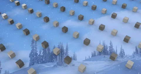 Animation of rows of cubes pattern and christmas snow falling over winter Stock Footage 329498467