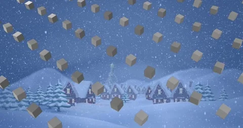 Animation of rows of cubes pattern and christmas snow falling over winter Stock Footage 330115619