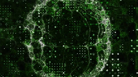 Animation of rows of dots pattern over spinning human brain icon against green Stock Footage 313378104