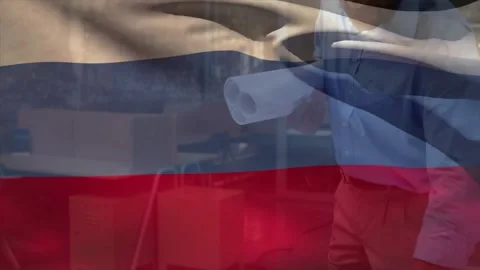 Animation of russian flag over engineer checking floor plan on blueprint Video stock 330052650