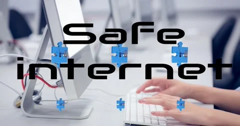 Animation of safe internet text over hands of caucasian woman using computer Stock Footage 329220353