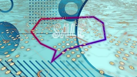 Animation of sale text in bubble speech, circles and circuit board pattern over Stock Footage 329509089
