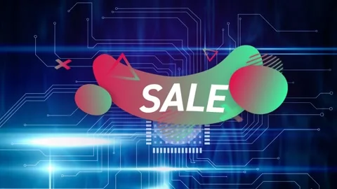 Animation of sale text over gradient banner against microprocessor connections Video stock 330255554