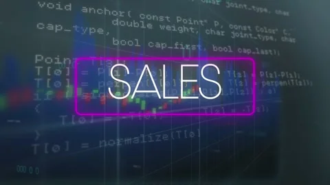 Animation of sales text in rectangle over graphs against computer language in Stock Footage 327198636