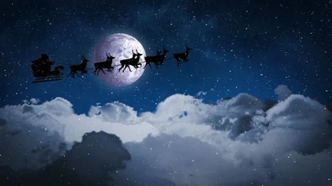 Animation of santa claus in sleigh with reindeer over snow falling and sky with Stock Footage