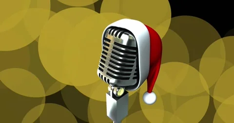 Animation of santa hat over a microphone icon against yellow spots of light on Stock Footage 328588480