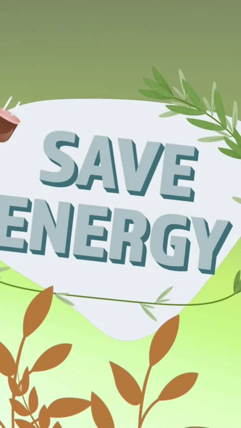 Animation of save energy and plug on green background with plants 库存影片 342098030