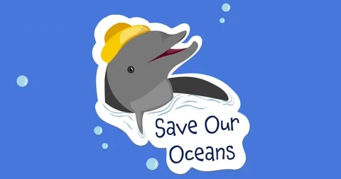 Animation of save our oceans text and dolphin logo on blue background Stock Footage 328971477