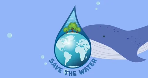 Animation of save the water text and globe logo, with whale on blue background Stock Footage 329764071