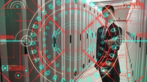 Animation of scanner data processing over caucasian businessman in computer Stock Footage 326299942