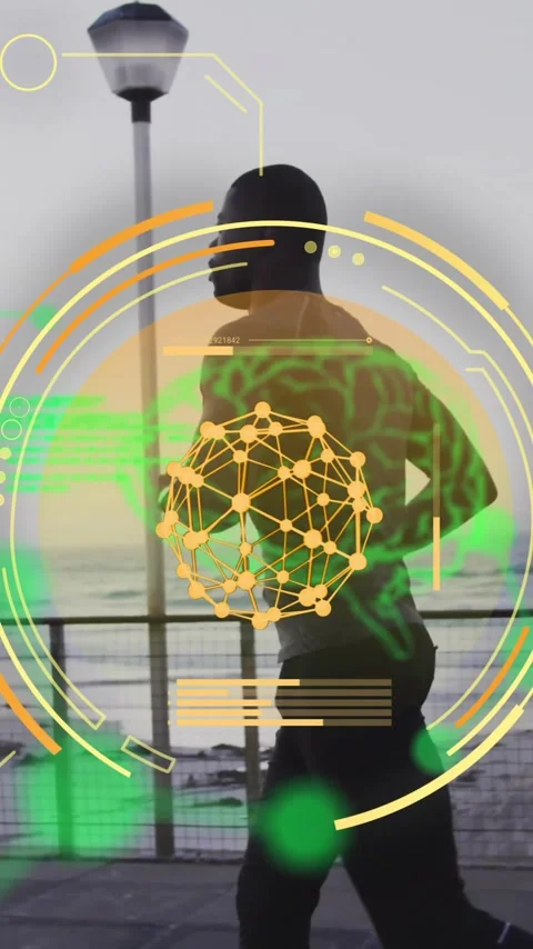 Animation of scanner, elements and data over african american man running by sea 스톡 동영상 343919421