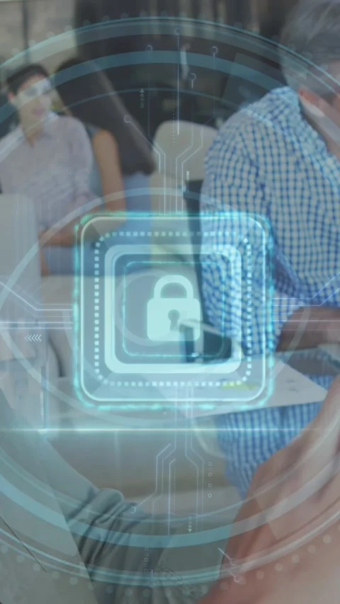 Animation of scanner over cyber security padlock icon against man using digital Stock Footage 342033925
