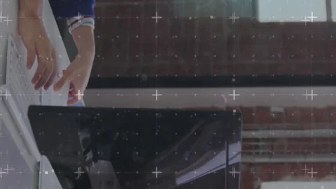 Animation of scanner processing data over happy asian businesswoman passing Stock Footage 312300460