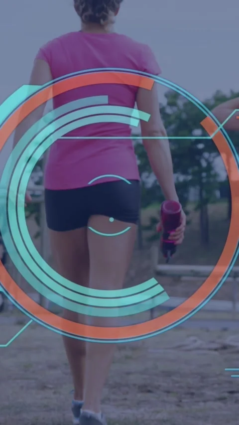 Animation of scanner processing data over rear view of diverse woman running at Stock Footage 343920532