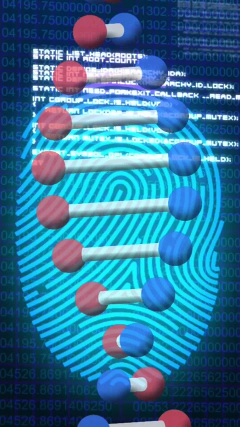 Animation of scanning fingerprint, with 3d dna strand and research data Stock Footage 322880545