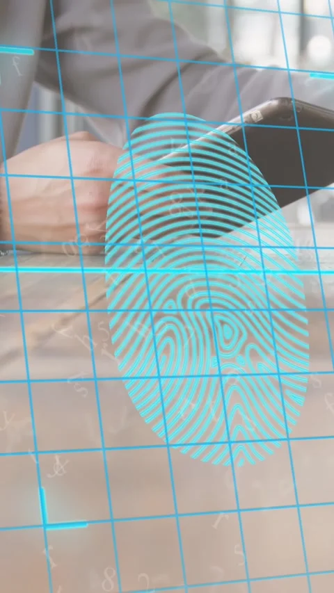 Animation of scanning of fingerprint and grid pattern, midsection of caucasian Stock Footage 344557504