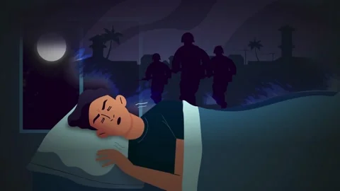 Animation of a scared sleeping man as he sees a dream about the war Stock Footage 166799219
