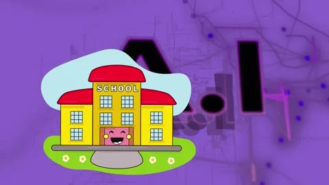 Animation of school building and ai text over navigation pattern over purple Stock Footage 327124409