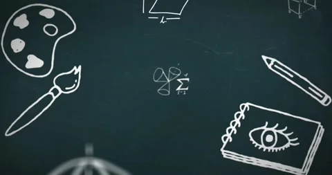 Animation of school concept icons and mathematical symbols floating against grey Stock Footage 329771558