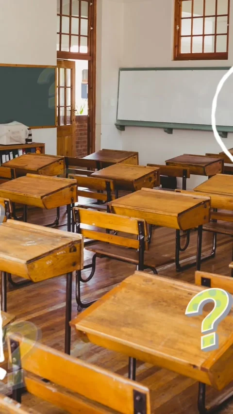 Animation of school icons and question marks over empty classroom Stock Footage 342225717