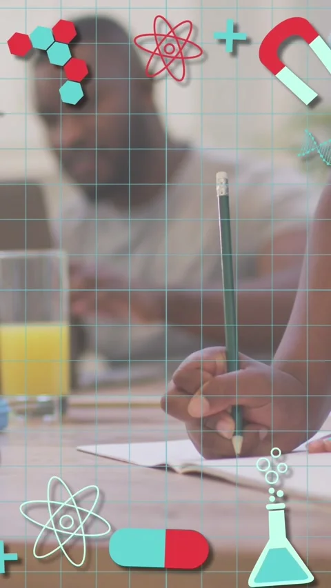 Animation of school icons over boy writing and doing homework Stock Footage 342225478