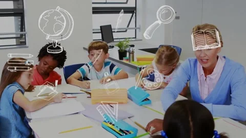 Animation of school icons over diverse schoolchildren and female teacher in Stock Footage 330776553