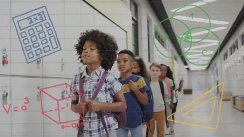 Animation of school items icons over diverse schoolchildren in queue Stock Footage 257186169