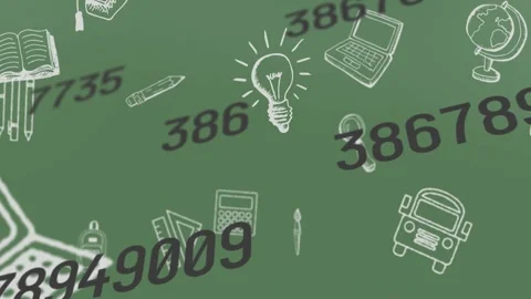 Animation of school items icons over mathematical equations on black background Видео 326763731