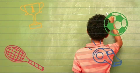 Animation of school items icons over schoolboy writing on board in classroom Stock Footage 330776631