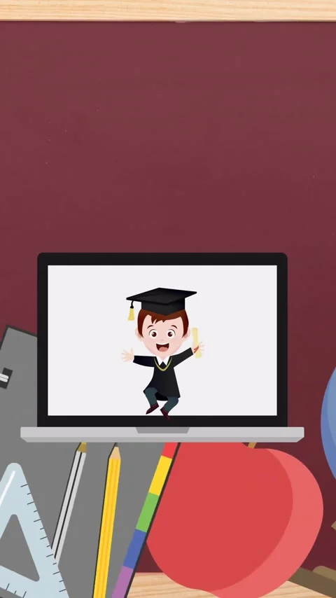 Animation of school items icons over happy schoolboy on laptop video call Stock Footage 343548130
