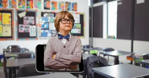 Animation of schoolboy emerging from smartphone screen over school classroom Stock Footage 329410903