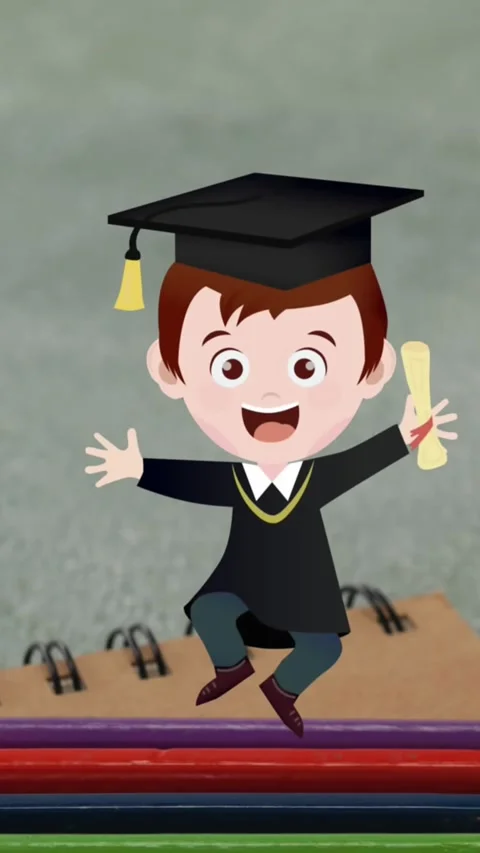 Animation of schoolboy graduating and book icons over grey background Stock Footage 343920114