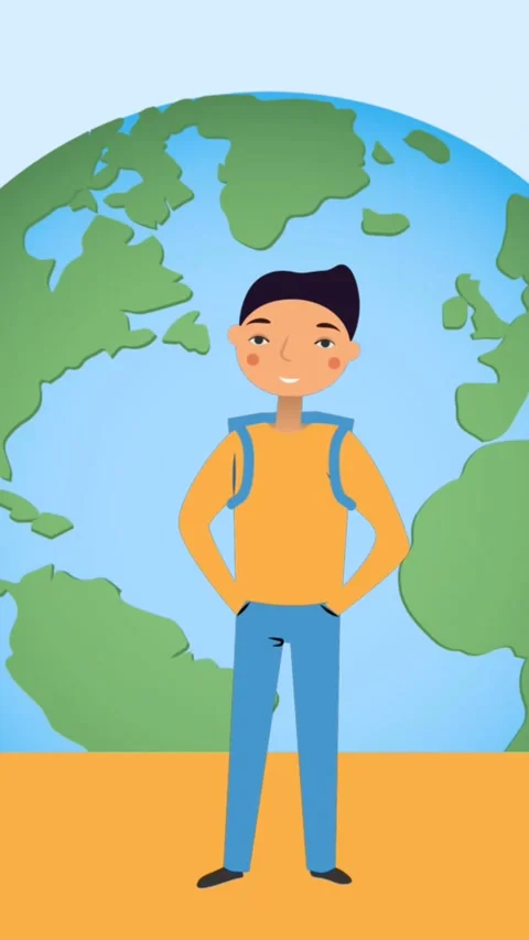 Animation of schoolboy icon and globe on blue background Stock Footage 342004797