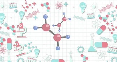 Animation of science concept icons floating against squared lined paper Stock Footage 255105057