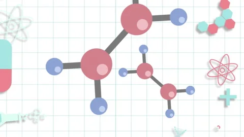 Animation of science concept icons floating against squared lined paper Stock Footage 313369482