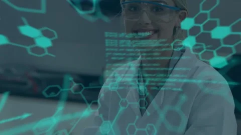 Animation of science data processing over caucasian female scientist in Stock Footage 329863040