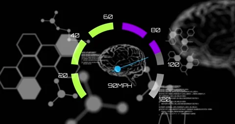 Animation of scientific data and brain over speedometer and black background Stock Footage 329283560