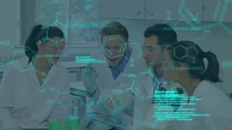Animation of scientific data and chemical structures over diverse scientists in Stock Footage 330583346