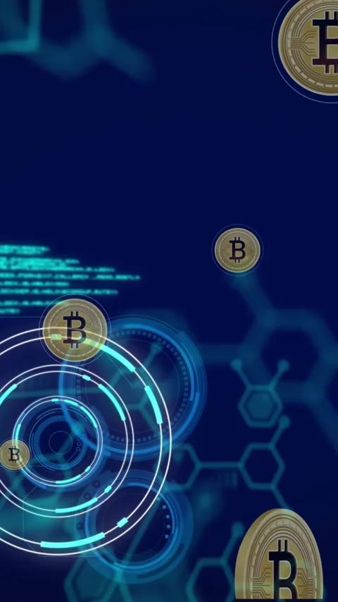 Animation of scientific data, bitcoin and hexagons on navy background Stock Footage 342953646