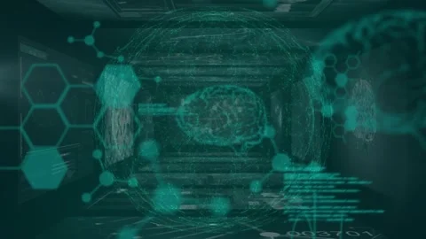 Animation of scientific data, dna, brain and connections over black background Stock Footage 327059683