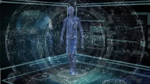 Animation of scientific data, human model and connections over black background Stock Footage 330406748