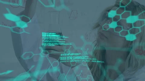 Animation of scientific data over caucasian female scientist in laboratory Stock Footage 328933539
