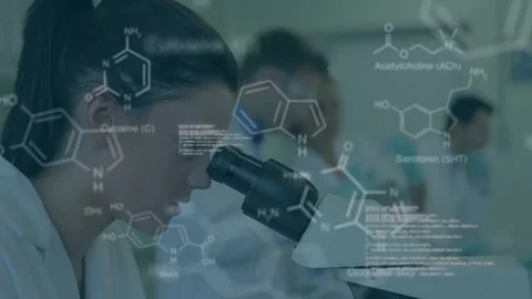 Animation of scientific data over focused caucasian female lab worker Stock Footage 329862992