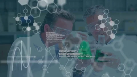 Animation of scientific data over senior caucasian male lab workers Stock Footage 329925661